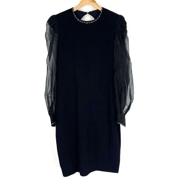 St John Evening Dress Size 12 Black Knit Open Back Puff Sheer Sleeve Rhinestone - Picture 1 of 12